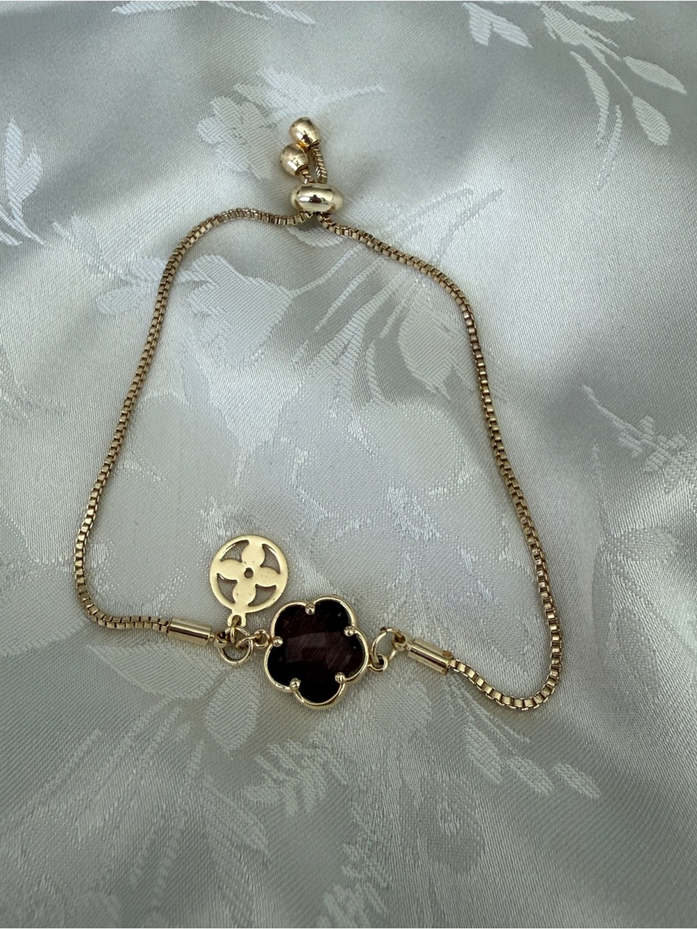 Gold Adjustable Bracelet with Purple Clover Charm
